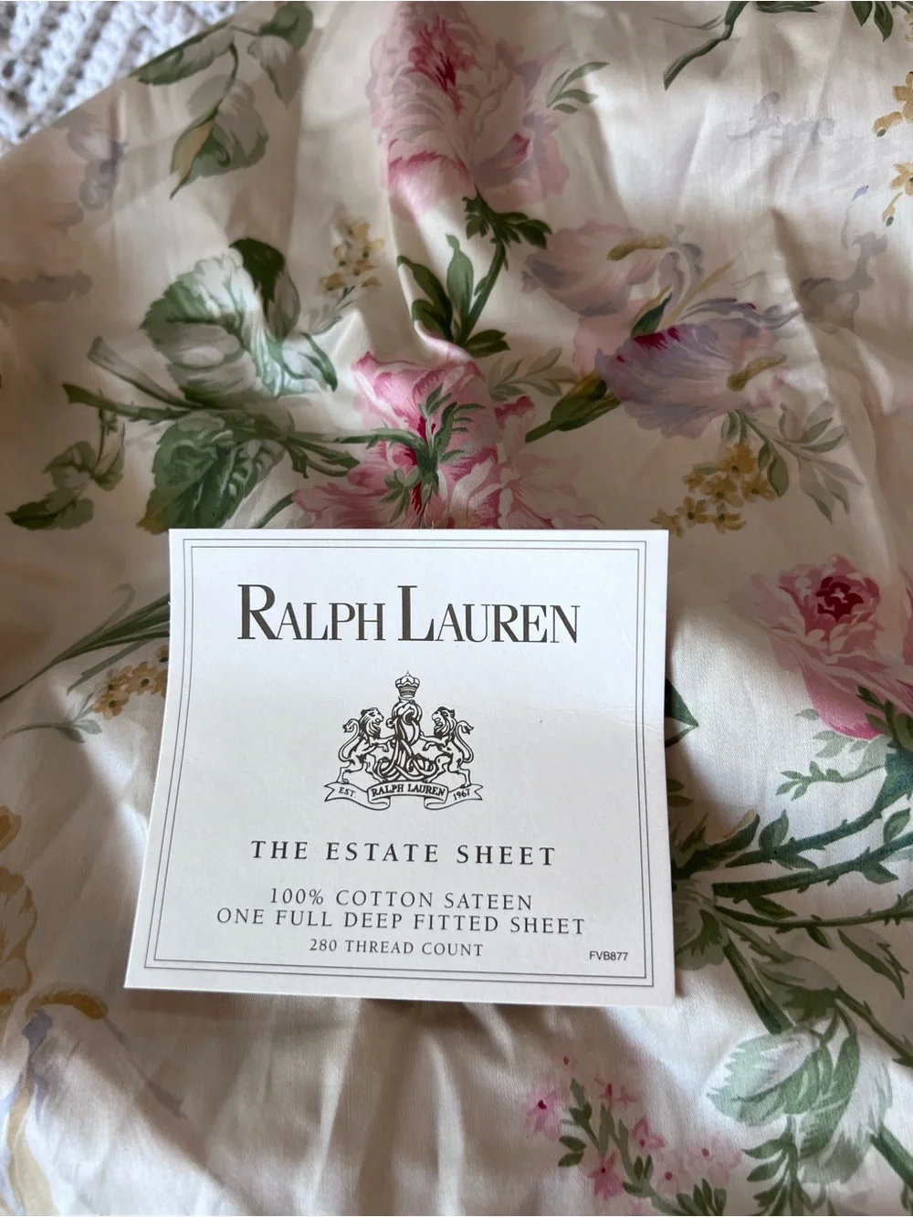 Ralph Lauren Cream Fitted Sheet with Pink Floral and Green Leaves